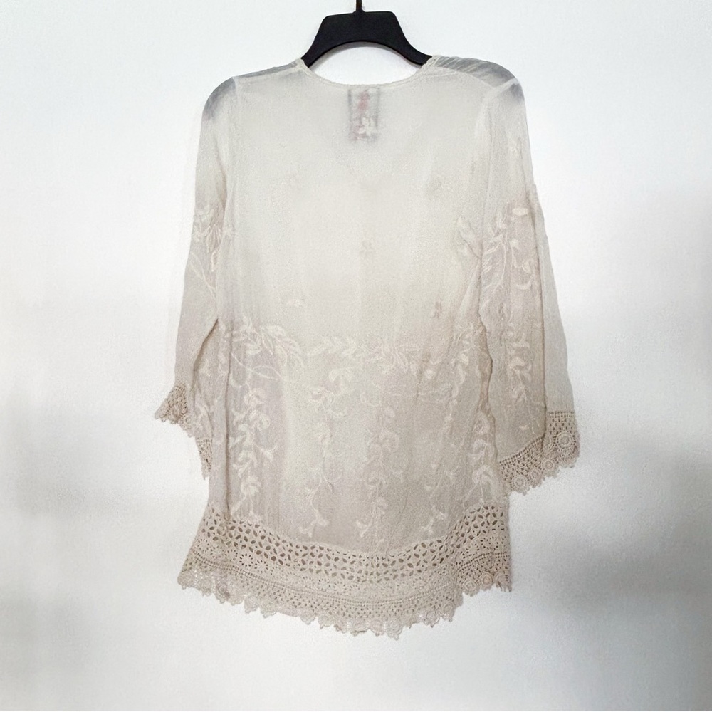 Johnny Was Cream Ivory Long Sleeve Shirt Boho Tunic Blouse Floral Lace Shirt - Picture 4 of 8